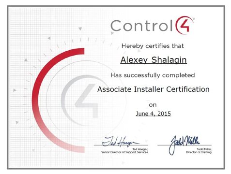 Control4 Associate Installer — Alexey Shalagin, since 2015