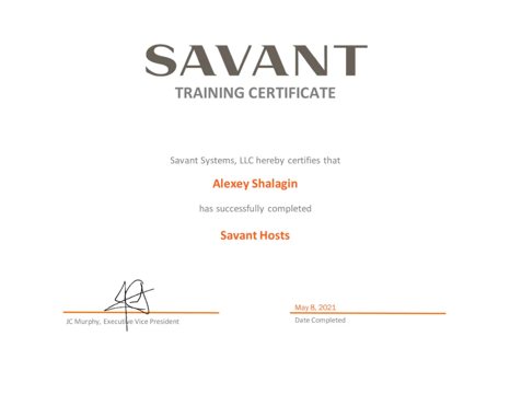 Savant training certificate — Alexey Shalagin